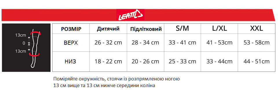 Таблиця розмірів захисту колін LEATT